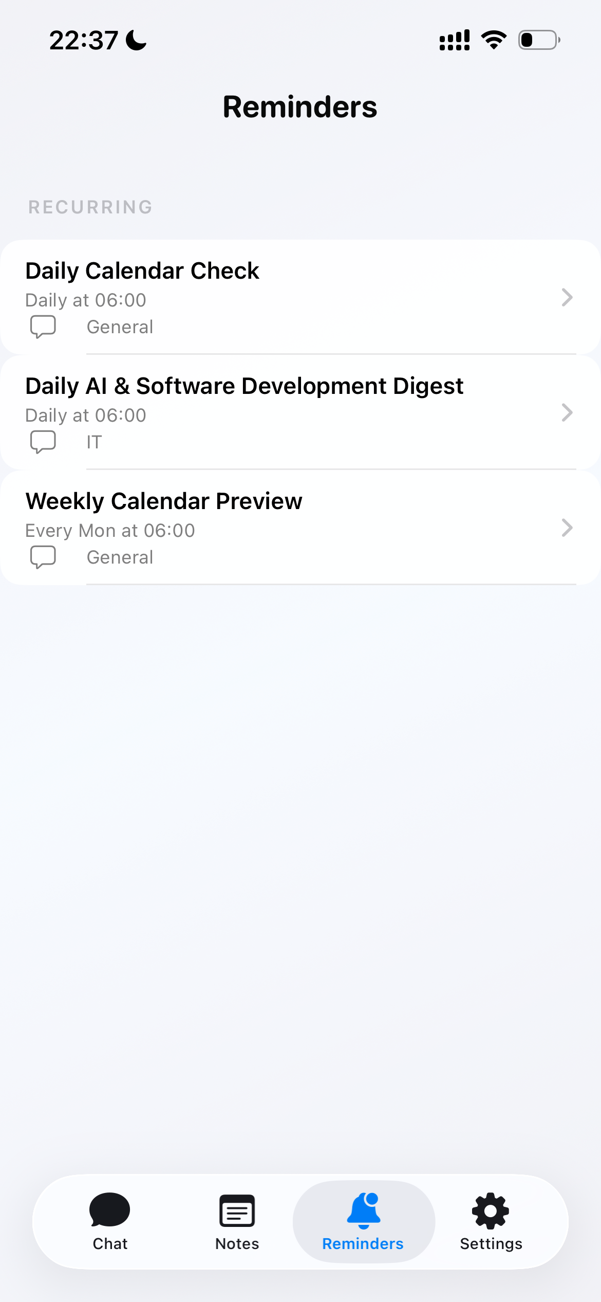 Oscar Reminders screen with scheduled tasks